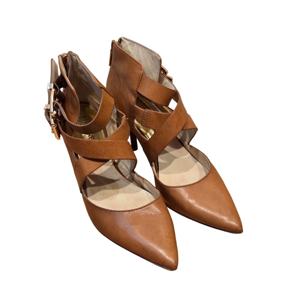 Michael Kors Luggage Brown Leather Strappy Pointed Toe Buckle Pumps Heels Sz 6M